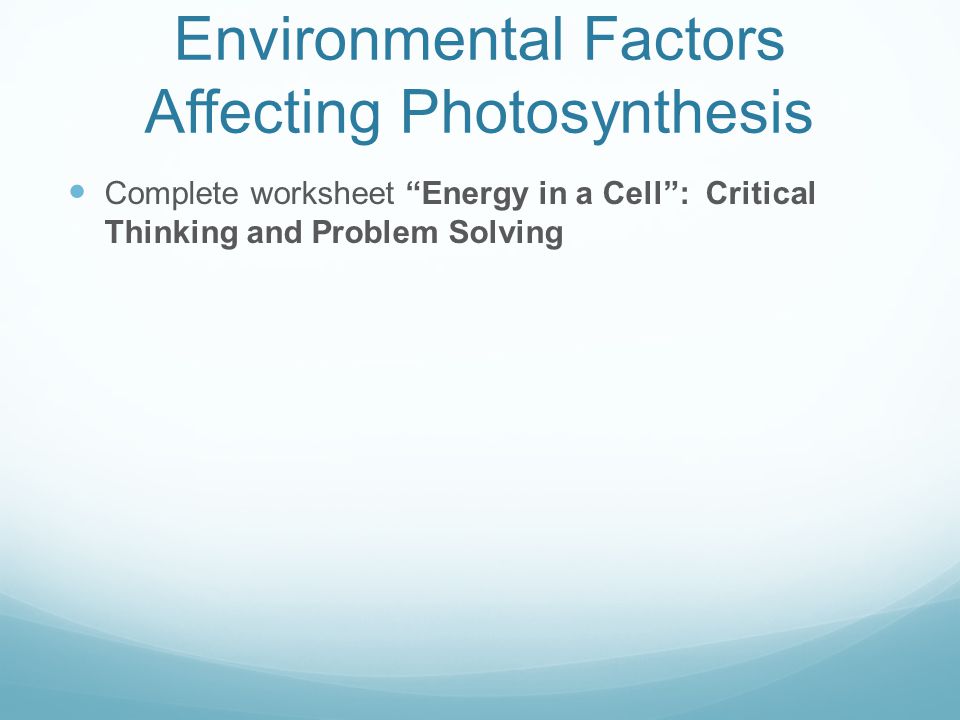 Photosynthesis 6h 2 O 6co C 6 H 12 6o Reactants 40 Environmental Factors Affecting Photosynthesis Complete Worksheet Energy