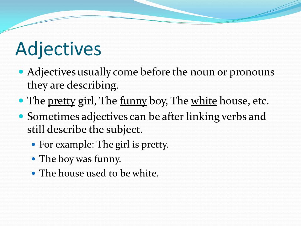 Adjectives Adjectives usually come before the noun or pronouns they are describing.