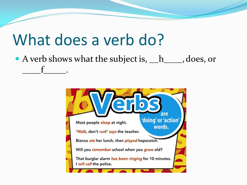What does a verb do A verb shows what the subject is, __h____, does, or ____f_____.