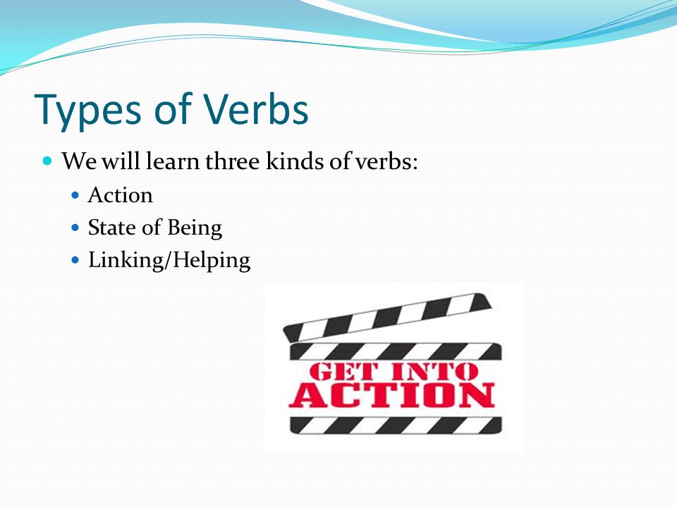 Types of Verbs We will learn three kinds of verbs: Action State of Being Linking/Helping