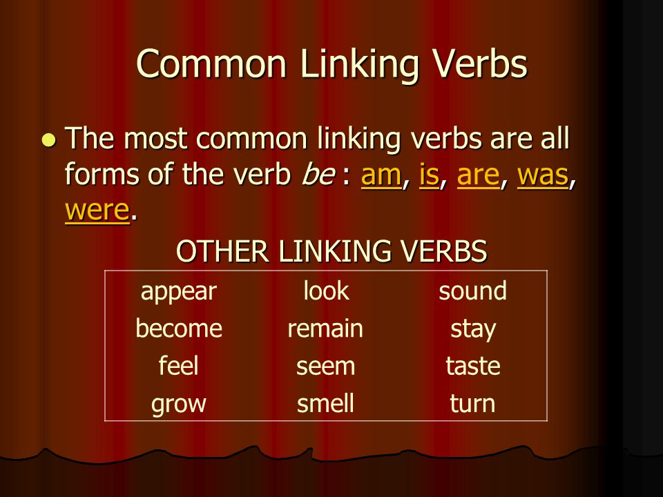 Linking Verbs Verbs that join the subject to a word that identifies or describes it are called linking verbs.