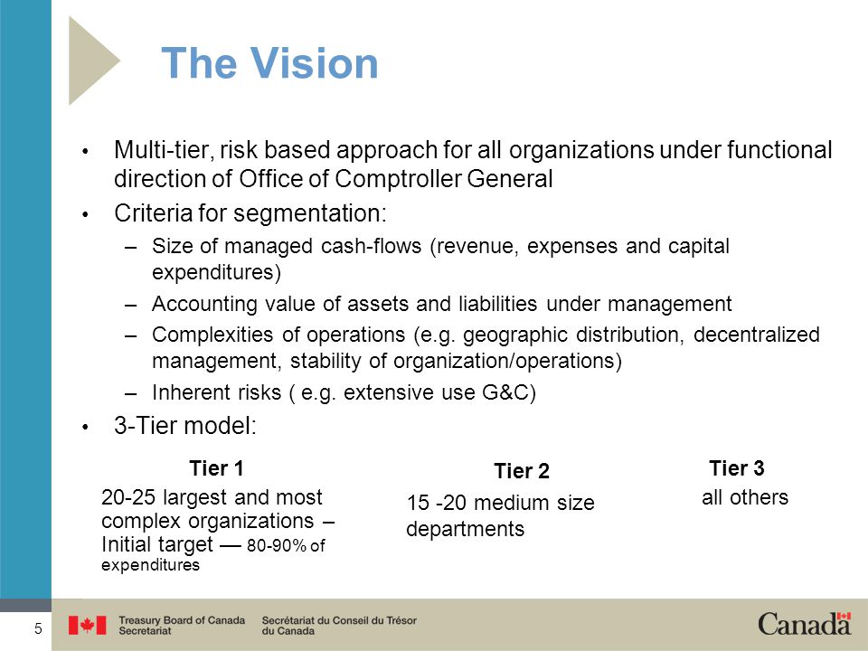 5 The Vision Multi-tier, risk based approach for all organizations under functional direction of Office of Comptroller General Criteria for segmentation: –Size of managed cash-flows (revenue, expenses and capital expenditures) –Accounting value of assets and liabilities under management –Complexities of operations (e.g.