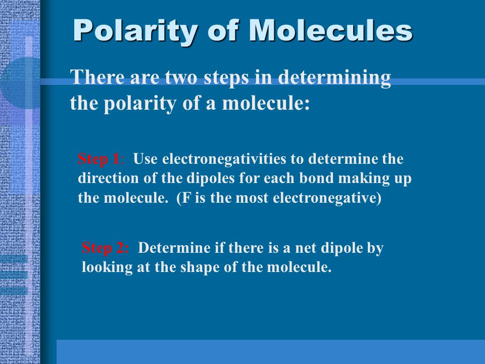 Polarity of Molecules Non-polar molecules – the dipoles are all equal and opposite.