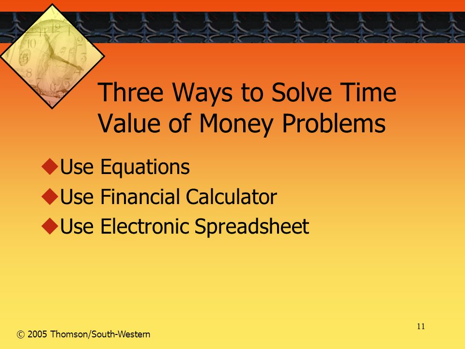 11 © 2005 Thomson/South-Western Three Ways to Solve Time Value of Money Problems  Use Equations  Use Financial Calculator  Use Electronic Spreadsheet