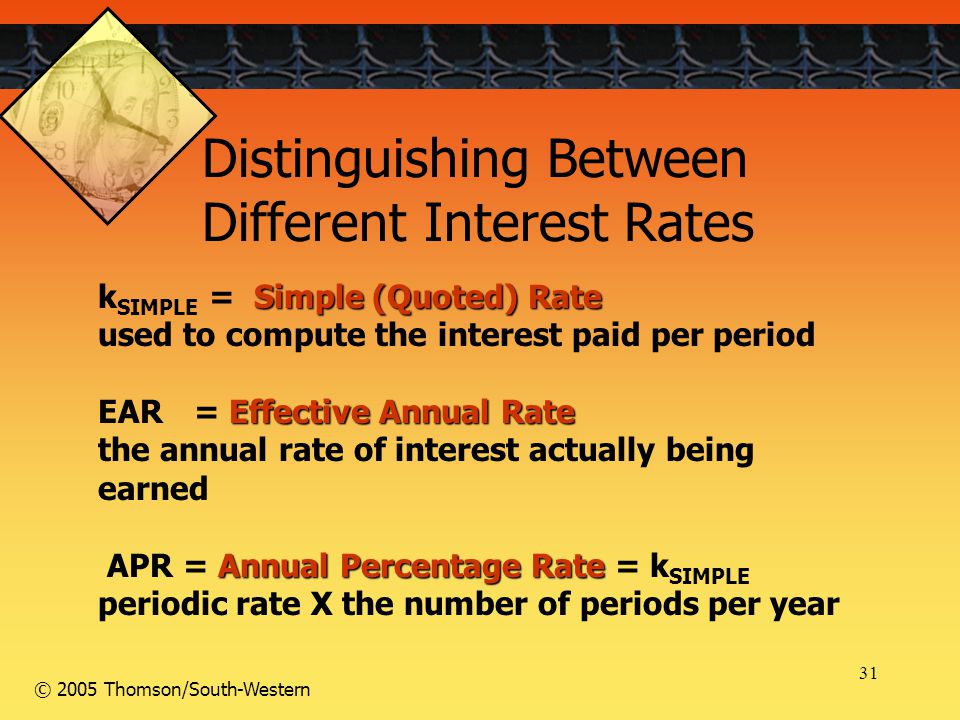 31 © 2005 Thomson/South-Western Simple (Quoted) Rate k SIMPLE = Simple (Quoted) Rate used to compute the interest paid per period Effective Annual Rate EAR= Effective Annual Rate the annual rate of interest actually being earned Annual Percentage Rate APR = Annual Percentage Rate = k SIMPLE periodic rate X the number of periods per year Distinguishing Between Different Interest Rates
