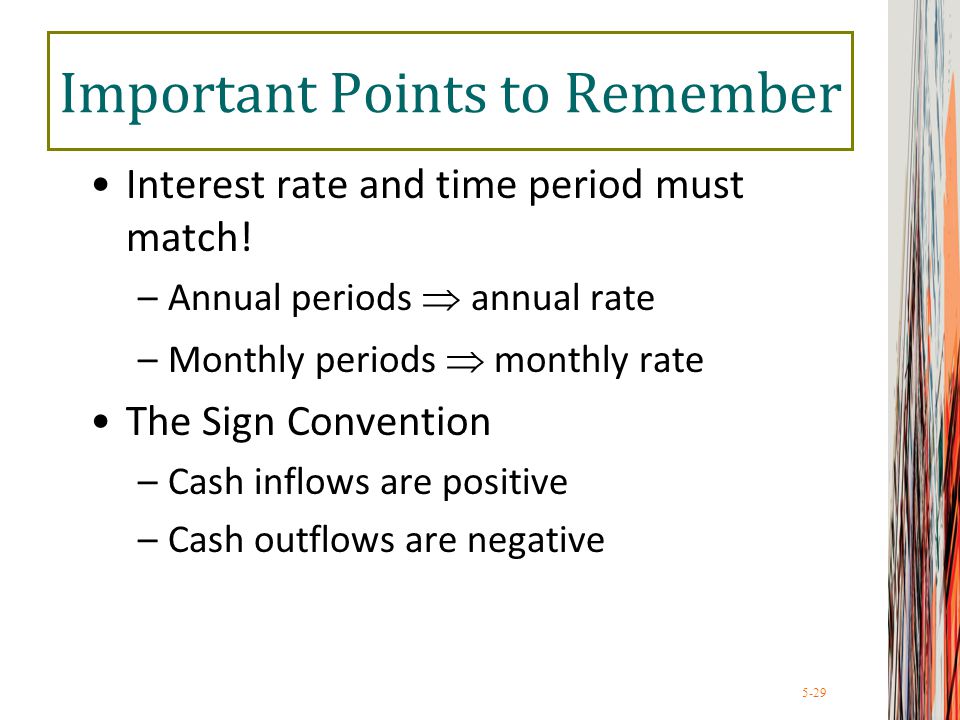 5-29 Important Points to Remember Interest rate and time period must match.