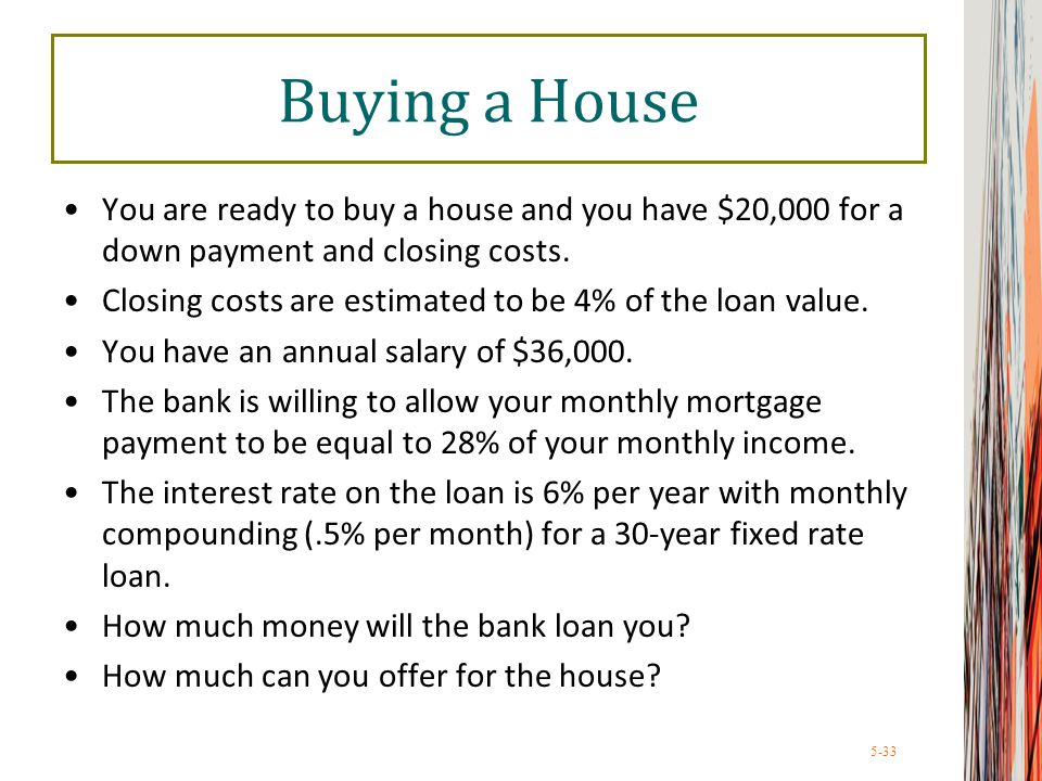 5-33 Buying a House You are ready to buy a house and you have $20,000 for a down payment and closing costs.