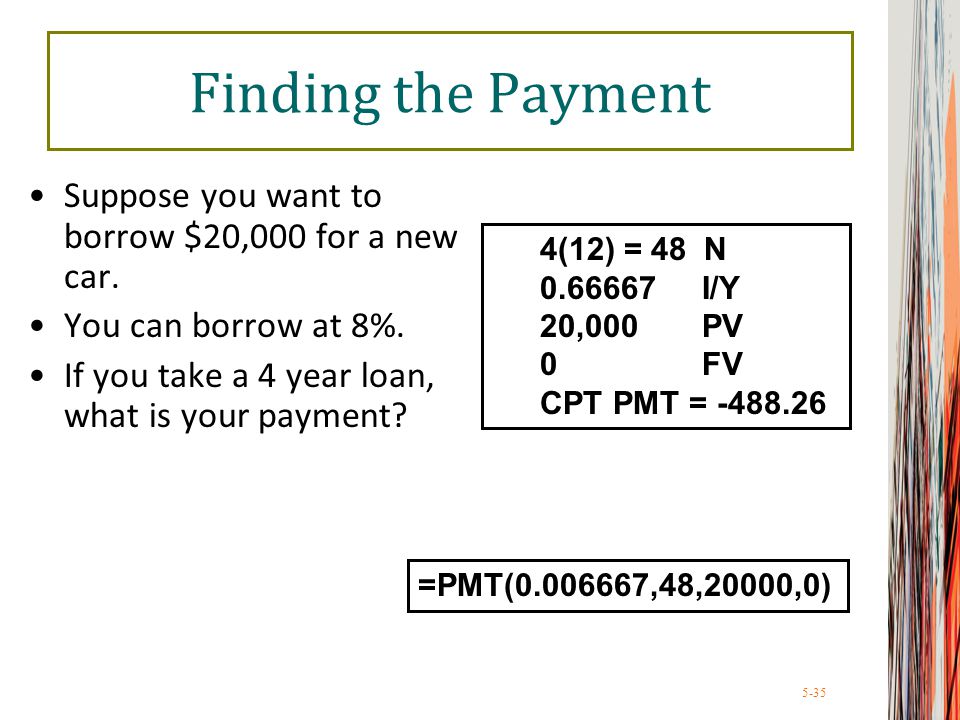 5-35 Finding the Payment Suppose you want to borrow $20,000 for a new car.