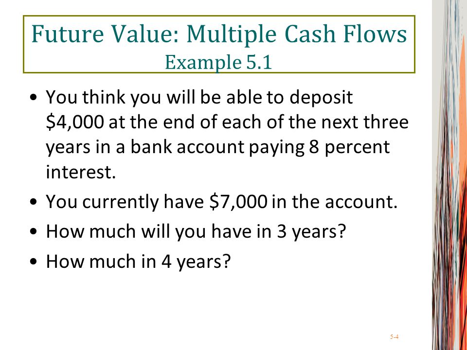 5-4 Future Value: Multiple Cash Flows Example 5.1 You think you will be able to deposit $4,000 at the end of each of the next three years in a bank account paying 8 percent interest.
