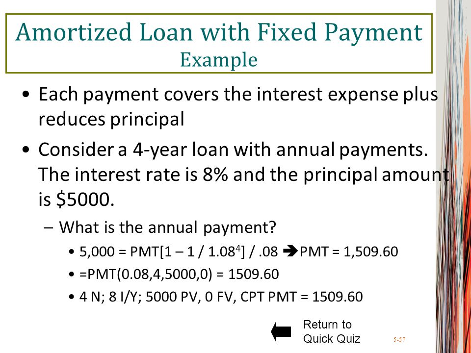 5-57 Amortized Loan with Fixed Payment Example Each payment covers the interest expense plus reduces principal Consider a 4-year loan with annual payments.