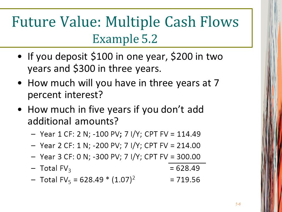 5-6 Future Value: Multiple Cash Flows Example 5.2 If you deposit $100 in one year, $200 in two years and $300 in three years.