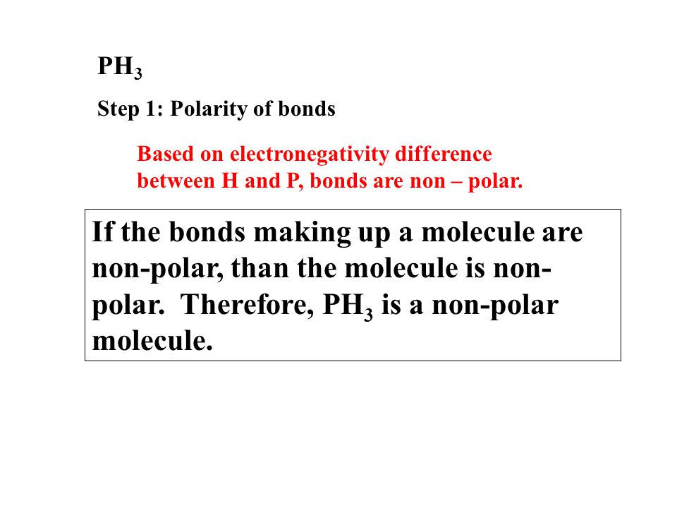 H 2 O (Water) Step 1: Polarity of bonds Based on electronegativity difference between H and O, bond is polar Step 2: Shape of molecule Based on VSEPR theory, water is bent.