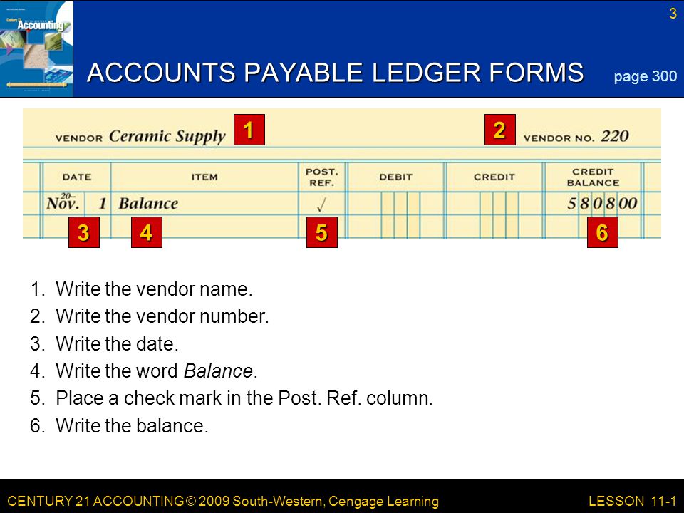 CENTURY 21 ACCOUNTING © 2009 South-Western, Cengage Learning 3 LESSON 11-1 ACCOUNTS PAYABLE LEDGER FORMS page Write the vendor name.