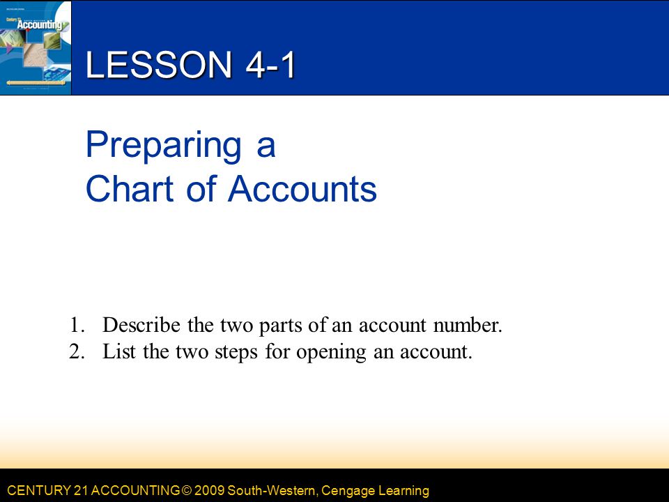 CENTURY 21 ACCOUNTING © 2009 South-Western, Cengage Learning LESSON 4-1 Preparing a Chart of Accounts 1.Describe the two parts of an account number.