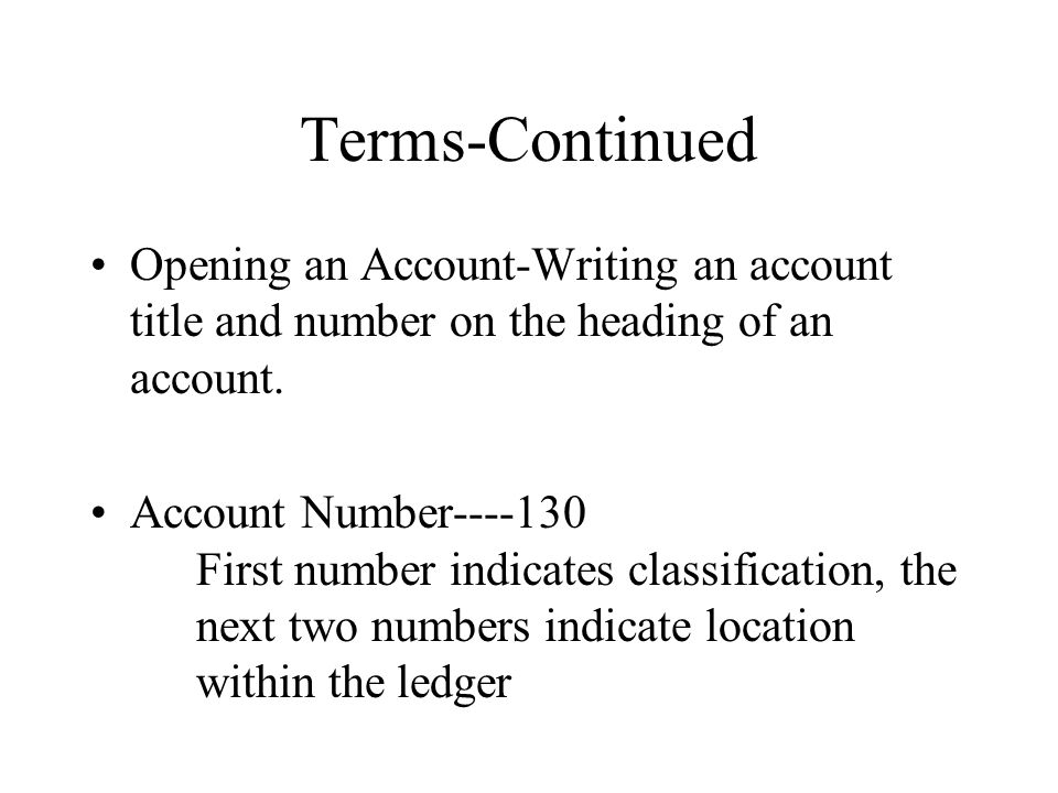 Terms-Continued Opening an Account-Writing an account title and number on the heading of an account.
