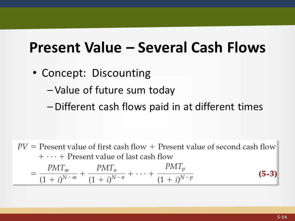 Present Value – Several Cash Flows Concept: Discounting –Value of future sum today –Different cash flows paid in at different times...