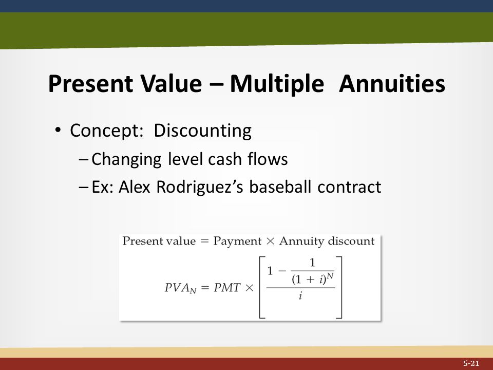 Present Value – Multiple Annuities Concept: Discounting –Changing level cash flows –Ex: Alex Rodriguez’s baseball contract...