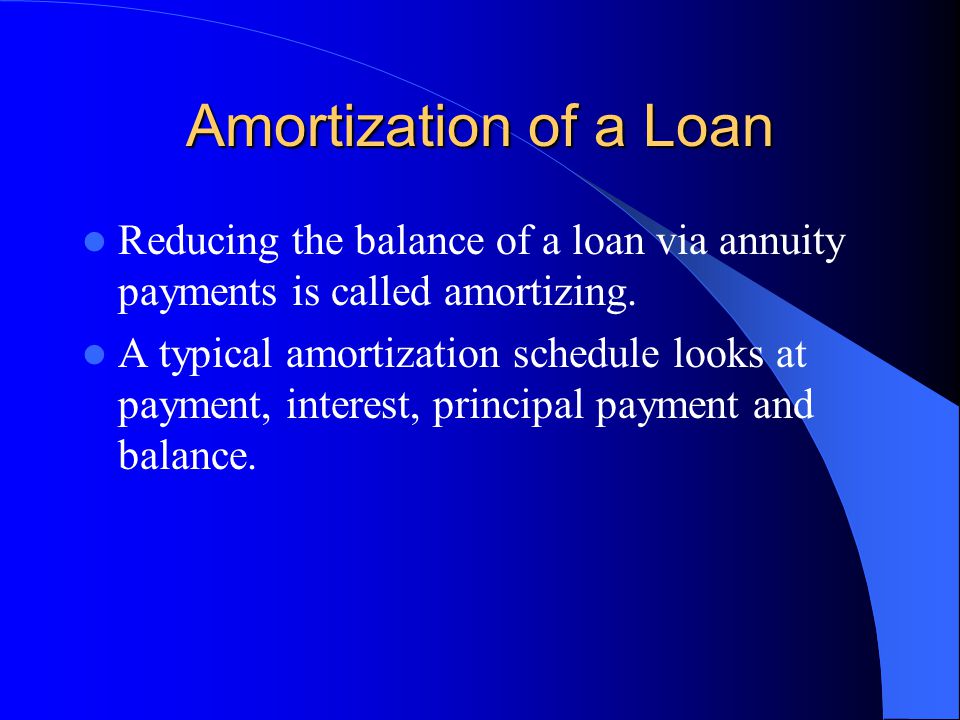 Amortization of a Loan Reducing the balance of a loan via annuity payments is called amortizing.