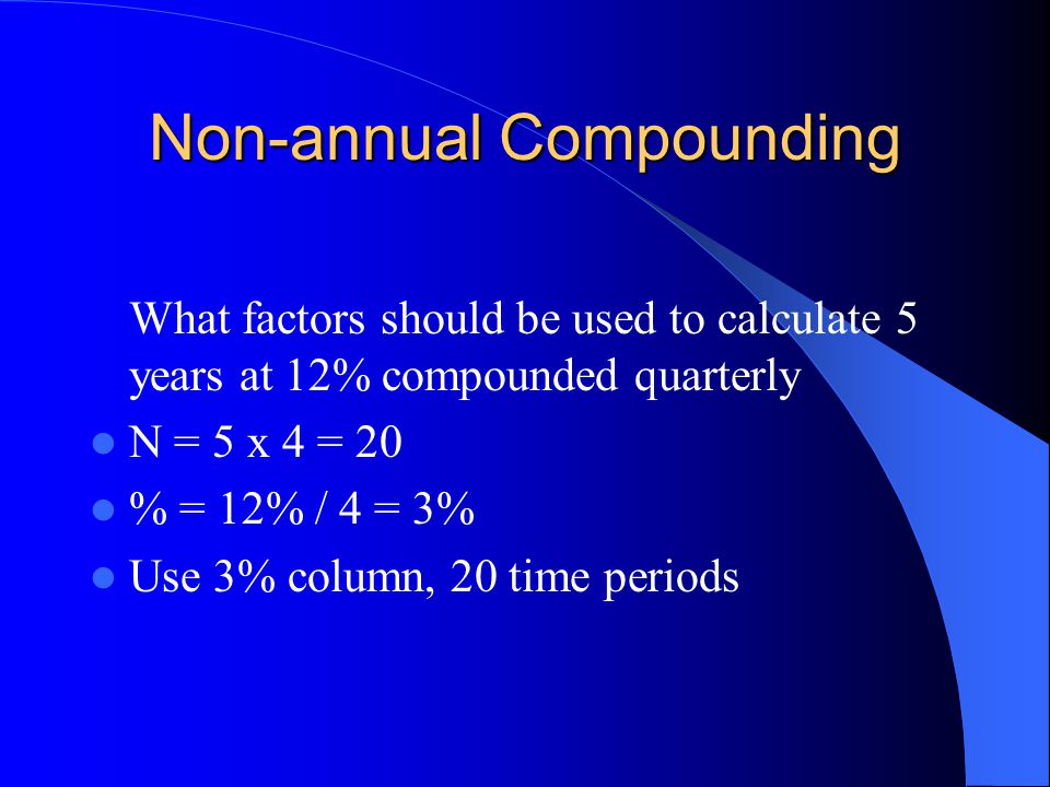 Non-annual Compounding What factors should be used to calculate 5 years at 12% compounded quarterly N = 5 x 4 = 20 % = 12% / 4 = 3% Use 3% column, 20 time periods