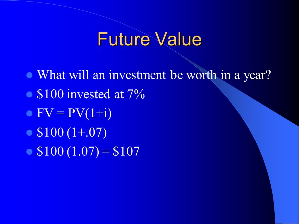Future Value What will an investment be worth in a year.