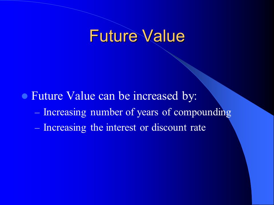 Future Value Future Value can be increased by: – Increasing number of years of compounding – Increasing the interest or discount rate