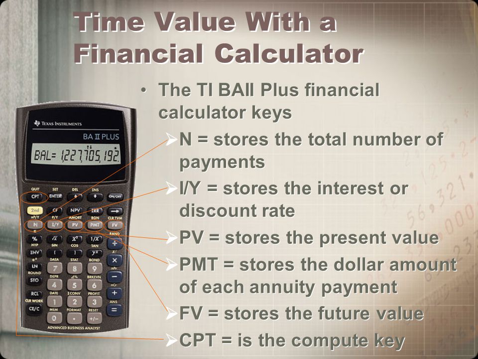 Time Value With a Financial Calculator The TI BAII Plus financial calculator keys  N = stores the total number of payments  I/Y = stores the interest or discount rate  PV = stores the present value  PMT = stores the dollar amount of each annuity payment  FV = stores the future value  CPT = is the compute key The TI BAII Plus financial calculator keys  N = stores the total number of payments  I/Y = stores the interest or discount rate  PV = stores the present value  PMT = stores the dollar amount of each annuity payment  FV = stores the future value  CPT = is the compute key