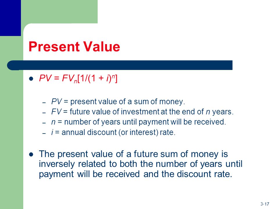 3-17 Present Value PV = FV n [1/(1 + i) n ] – PV = present value of a sum of money.