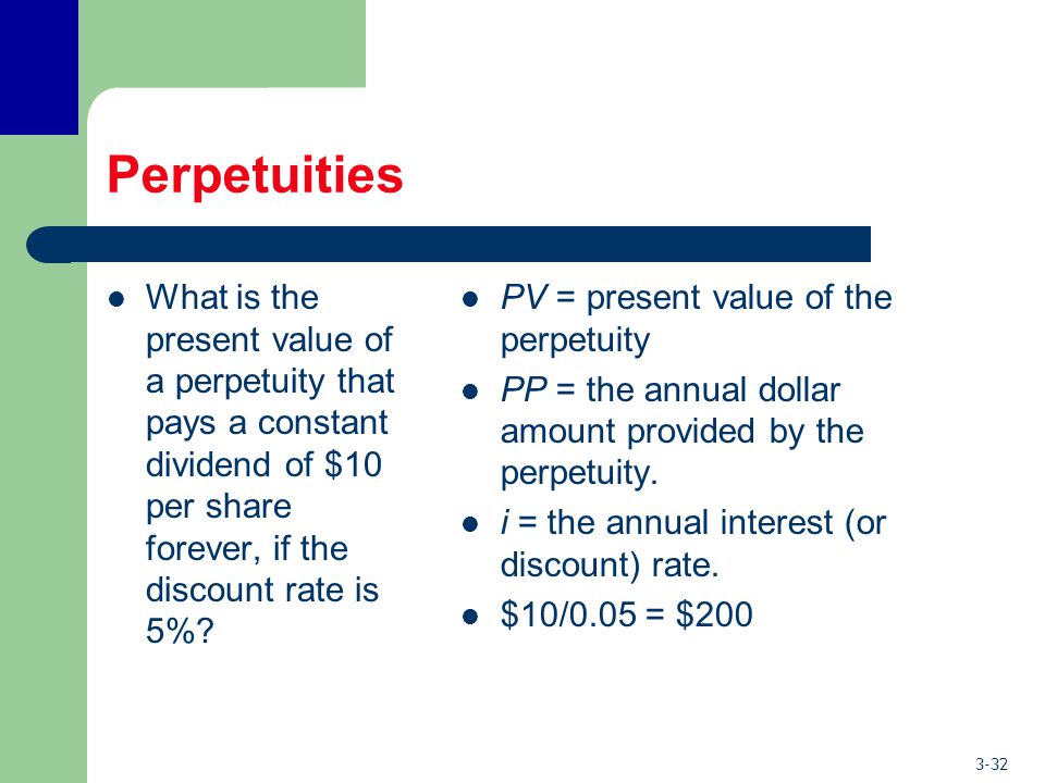 3-32 Perpetuities What is the present value of a perpetuity that pays a constant dividend of $10 per share forever, if the discount rate is 5%.