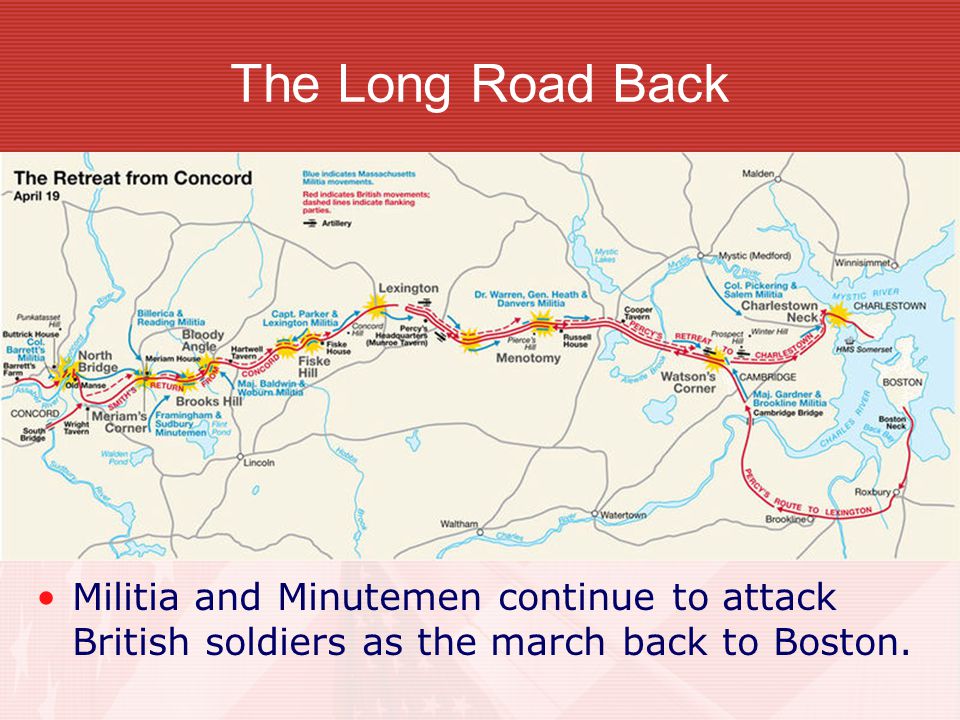 The Long Road Back Militia and Minutemen continue to attack British soldiers as the march back to Boston.