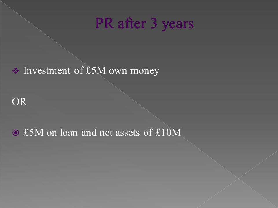  Investment of £5M own money OR  £5M on loan and net assets of £10M