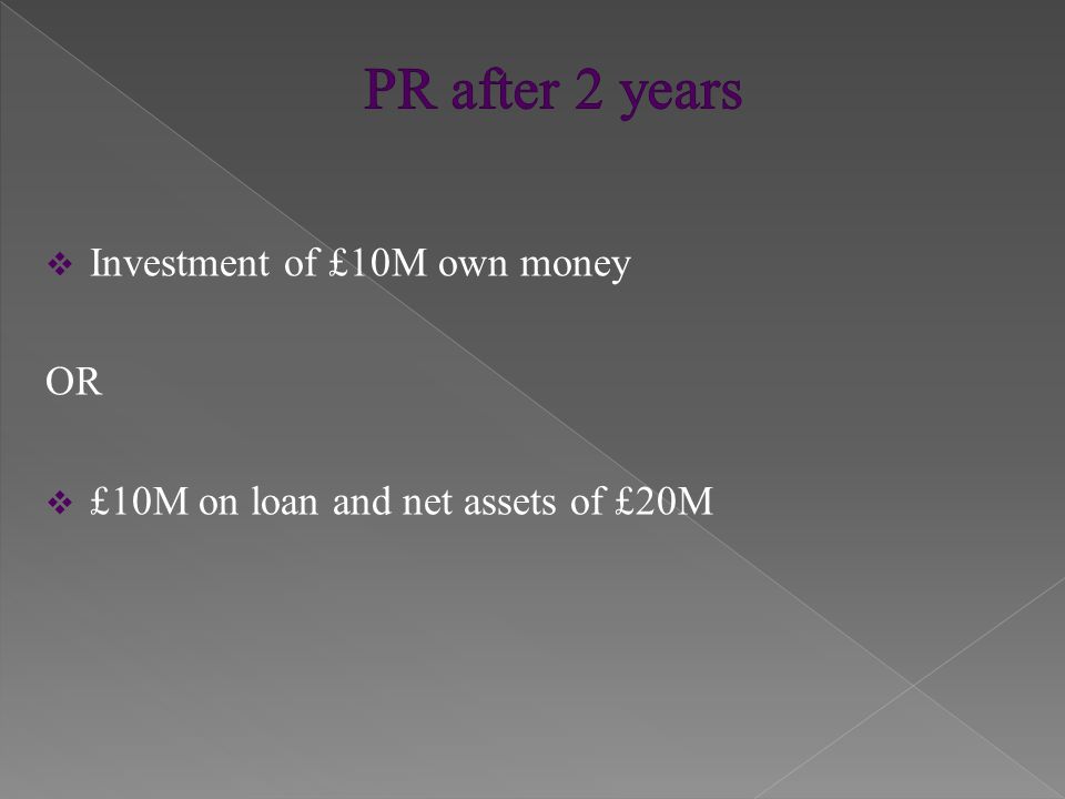  Investment of £10M own money OR  £10M on loan and net assets of £20M