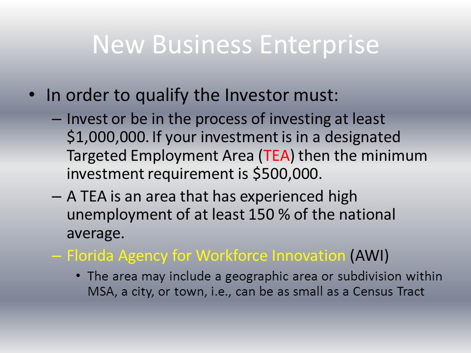 New Business Enterprise In order to qualify the Investor must: – Invest or be in the process of investing at least $1,000,000.