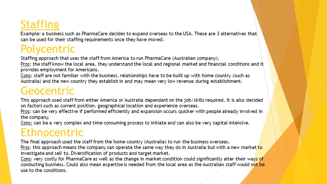 Staffing Example: a business such as PharmaCare decides to expand overseas to the USA.
