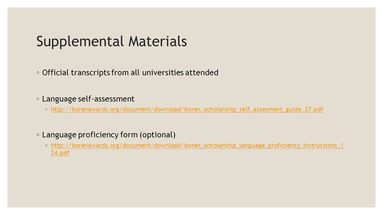Supplemental Materials ◦ Official transcripts from all universities attended ◦ Language self-assessment ◦     ◦ Language proficiency form (optional) ◦   24.pdf   24.pdf