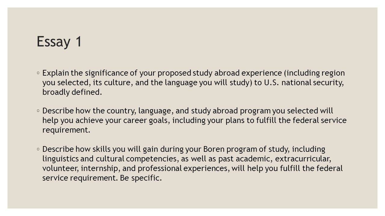 Essay 1 ◦ Explain the significance of your proposed study abroad experience (including region you selected, its culture, and the language you will study) to U.S.