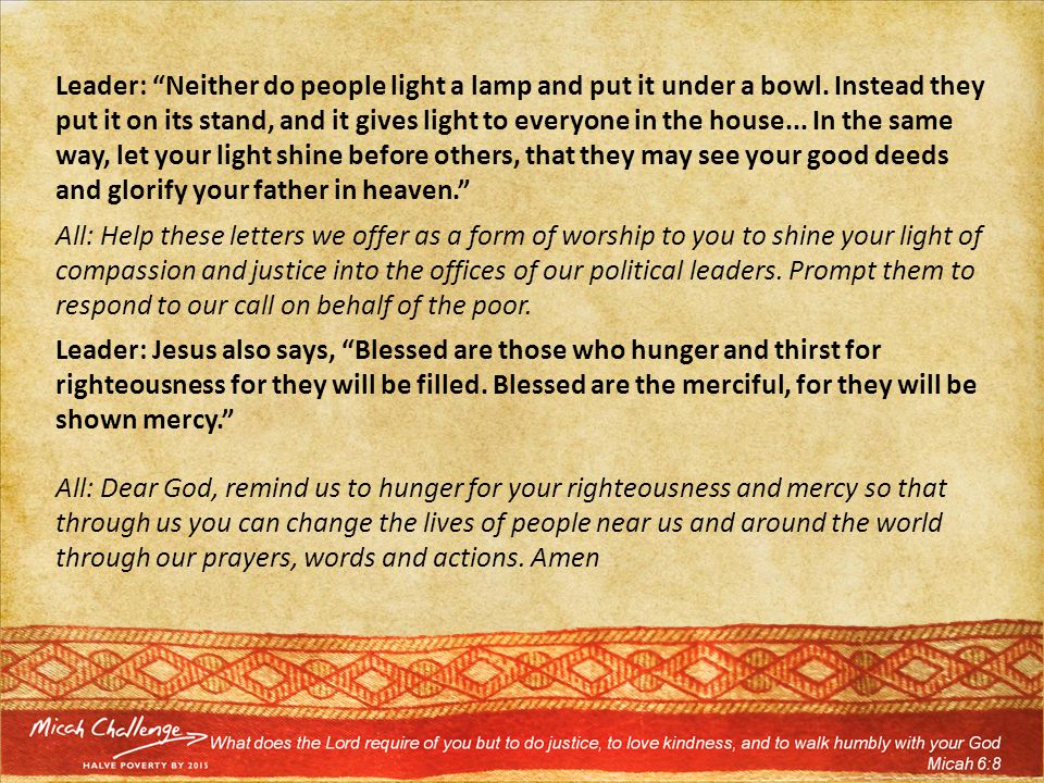 OFFERING OF LETTERS 2011 Leader: Neither do people light a lamp and put it under a bowl.