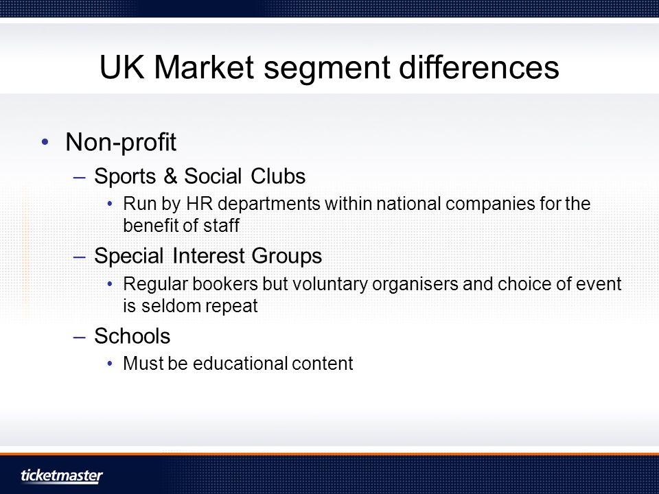 UK Market segment differences Non-profit –Sports & Social Clubs Run by HR departments within national companies for the benefit of staff –Special Interest Groups Regular bookers but voluntary organisers and choice of event is seldom repeat –Schools Must be educational content
