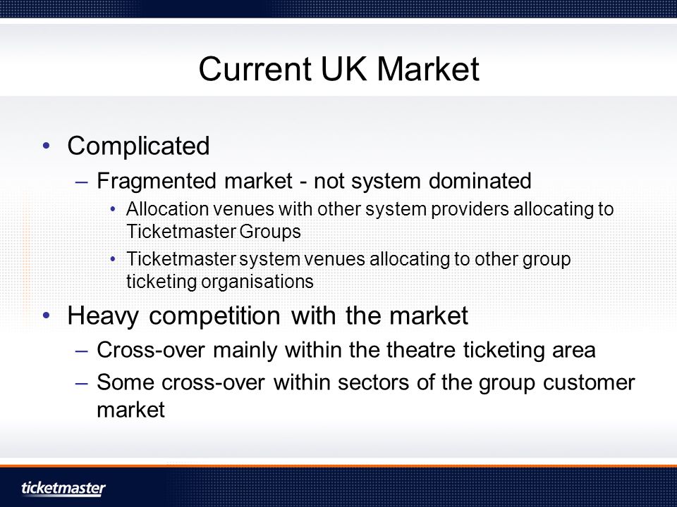 Current UK Market Complicated –Fragmented market - not system dominated Allocation venues with other system providers allocating to Ticketmaster Groups Ticketmaster system venues allocating to other group ticketing organisations Heavy competition with the market –Cross-over mainly within the theatre ticketing area –Some cross-over within sectors of the group customer market