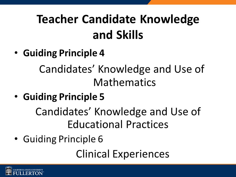 Teacher Candidate Knowledge and Skills Guiding Principle 4 Candidates’ Knowledge and Use of Mathematics Guiding Principle 5 Candidates’ Knowledge and Use of Educational Practices Guiding Principle 6 Clinical Experiences