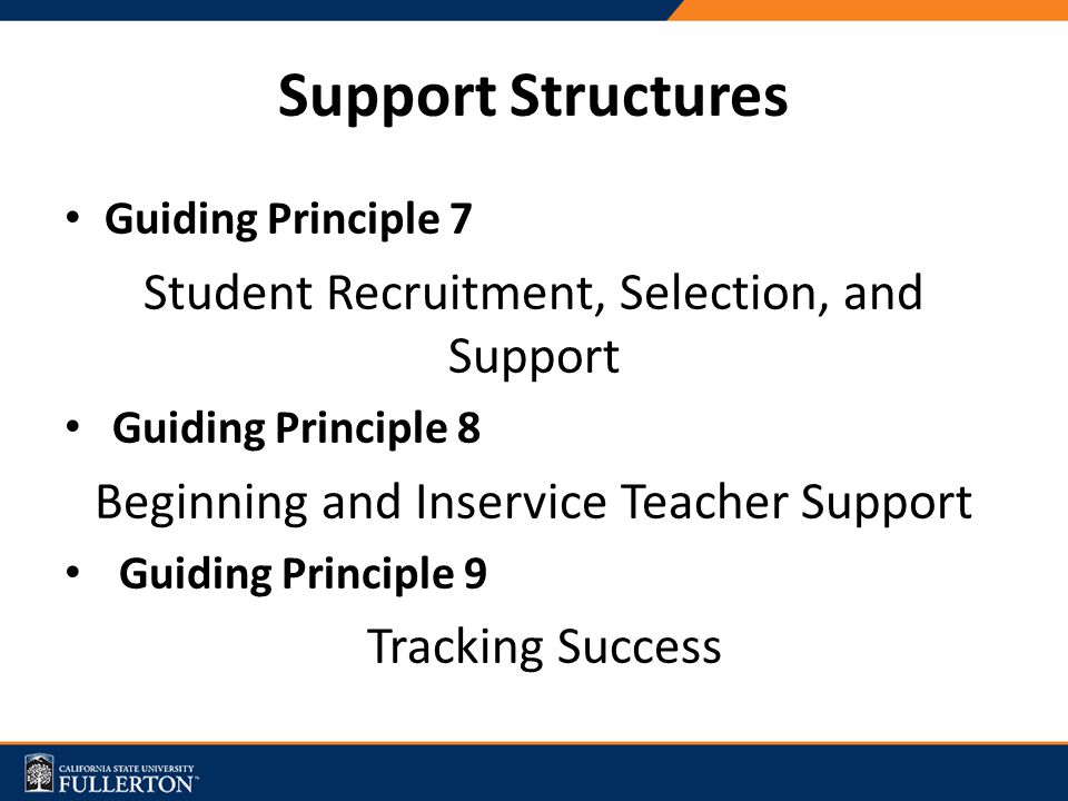 Support Structures Guiding Principle 7 Student Recruitment, Selection, and Support Guiding Principle 8 Beginning and Inservice Teacher Support Guiding Principle 9 Tracking Success
