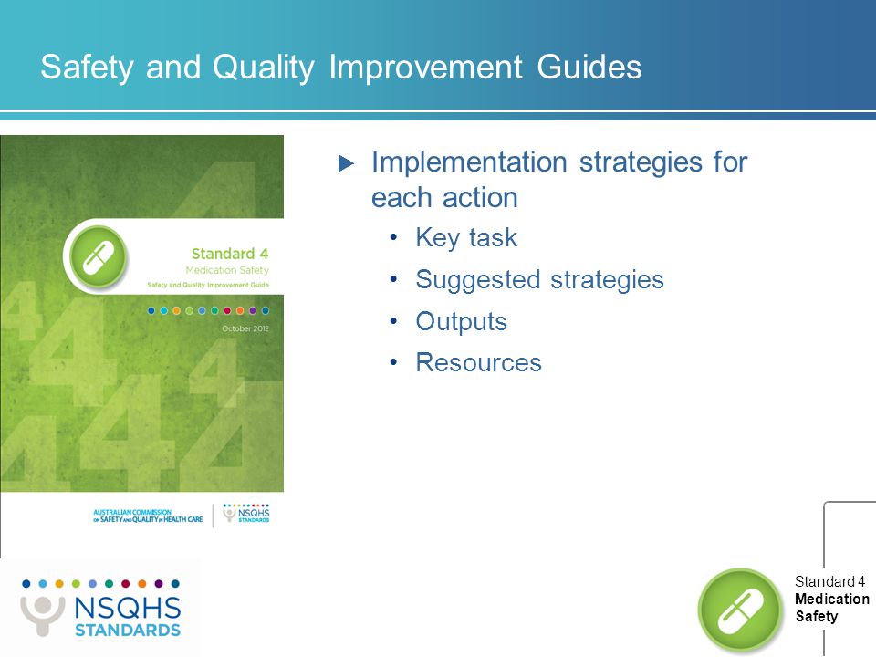 Safety and Quality Improvement Guides  Implementation strategies for each action Key task Suggested strategies Outputs Resources Standard 4 Medication Safety