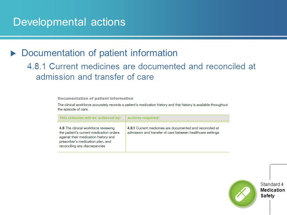 Developmental actions  Documentation of patient information Current medicines are documented and reconciled at admission and transfer of care Standard 4 Medication Safety