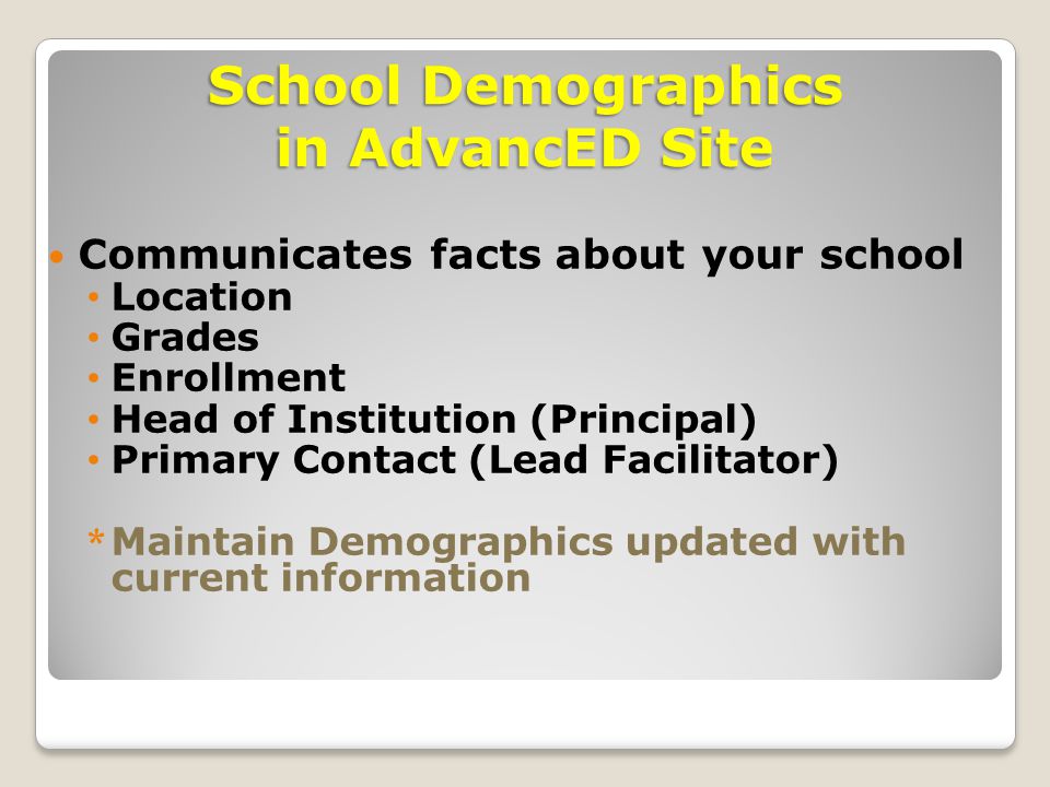 Communicates facts about your school Location Grades Enrollment Head of Institution (Principal) Primary Contact (Lead Facilitator) * Maintain Demographics updated with current information School Demographics in AdvancED Site