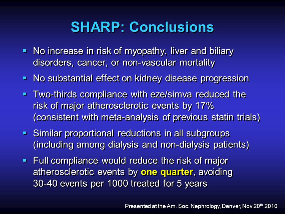 SHARP: Conclusions  No increase in risk of myopathy, liver and biliary disorders, cancer, or non-vascular mortality  No substantial effect on kidney disease progression  Two-thirds compliance with eze/simva reduced the risk of major atherosclerotic events by 17% (consistent with meta-analysis of previous statin trials)  Similar proportional reductions in all subgroups (including among dialysis and non-dialysis patients)  Full compliance would reduce the risk of major atherosclerotic events by one quarter, avoiding events per 1000 treated for 5 years  No increase in risk of myopathy, liver and biliary disorders, cancer, or non-vascular mortality  No substantial effect on kidney disease progression  Two-thirds compliance with eze/simva reduced the risk of major atherosclerotic events by 17% (consistent with meta-analysis of previous statin trials)  Similar proportional reductions in all subgroups (including among dialysis and non-dialysis patients)  Full compliance would reduce the risk of major atherosclerotic events by one quarter, avoiding events per 1000 treated for 5 years Presented at the Am.