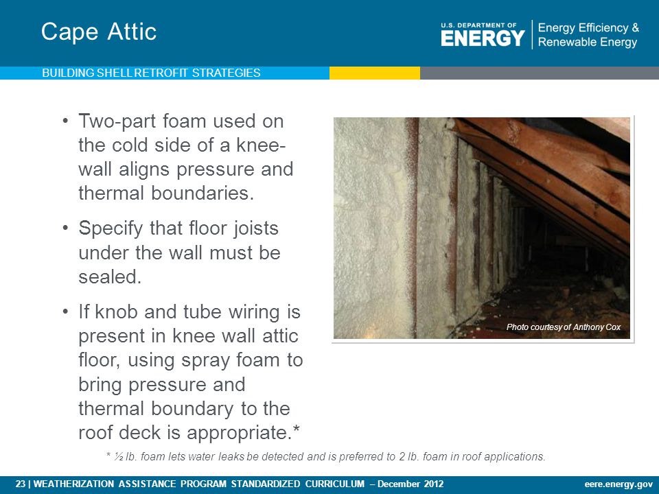 23 | WEATHERIZATION ASSISTANCE PROGRAM STANDARDIZED CURRICULUM – December 2012eere.energy.gov Cape Attic Two-part foam used on the cold side of a knee- wall aligns pressure and thermal boundaries.