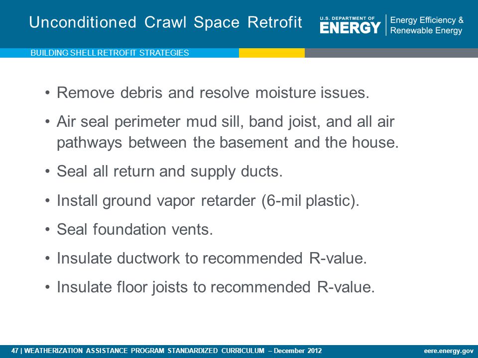 47 | WEATHERIZATION ASSISTANCE PROGRAM STANDARDIZED CURRICULUM – December 2012eere.energy.gov Unconditioned Crawl Space Retrofit Remove debris and resolve moisture issues.