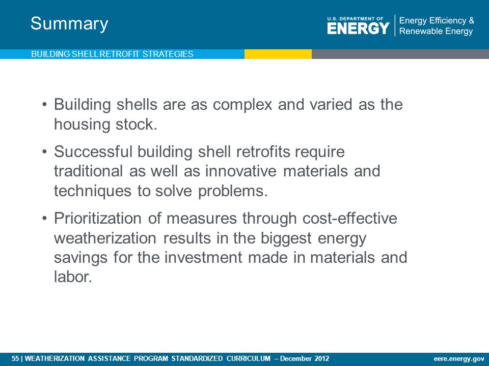 55 | WEATHERIZATION ASSISTANCE PROGRAM STANDARDIZED CURRICULUM – December 2012eere.energy.gov Building shells are as complex and varied as the housing stock.