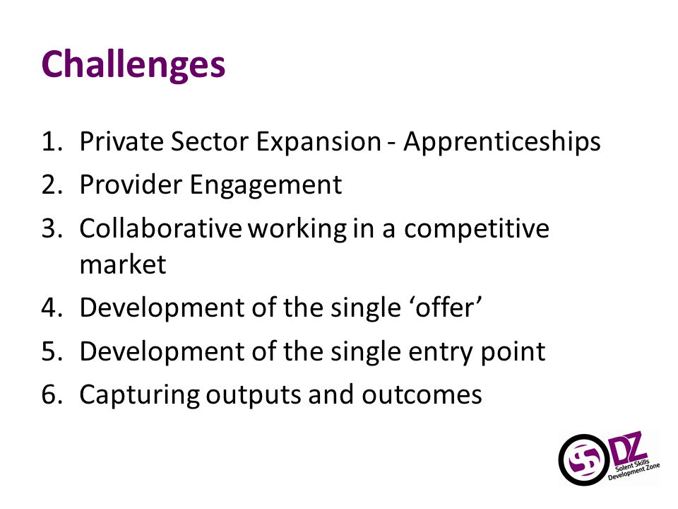 Challenges 1.Private Sector Expansion - Apprenticeships 2.Provider Engagement 3.Collaborative working in a competitive market 4.Development of the single ‘offer’ 5.Development of the single entry point 6.Capturing outputs and outcomes
