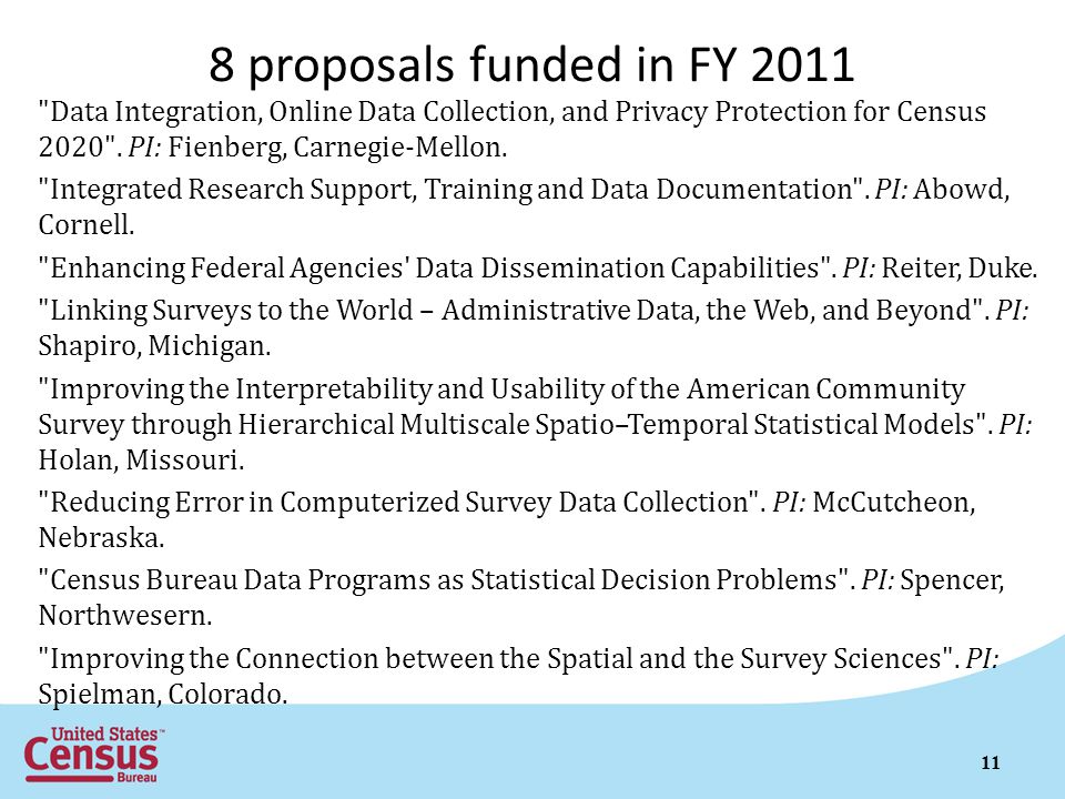 8 proposals funded in FY 2011 Data Integration, Online Data Collection, and Privacy Protection for Census