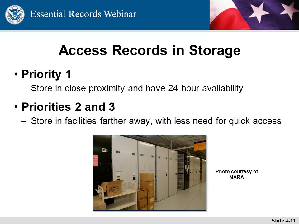 Access Records in Storage Priority 1 –Store in close proximity and have 24 ‑ hour availability Priorities 2 and 3 –Store in facilities farther away, with less need for quick access Slide 4-11 Photo courtesy of NARA